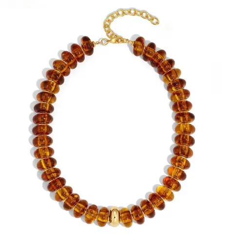 Vintage Tortoiseshell Amber Disc Chunky Beads Choker Necklace - Gold-Accent Adjustable Polyester Chain Statement Piece for Retro Fall Outfits, Sports & Outdoor Lawn Games Horseshoes Accessory (amber necklaces)