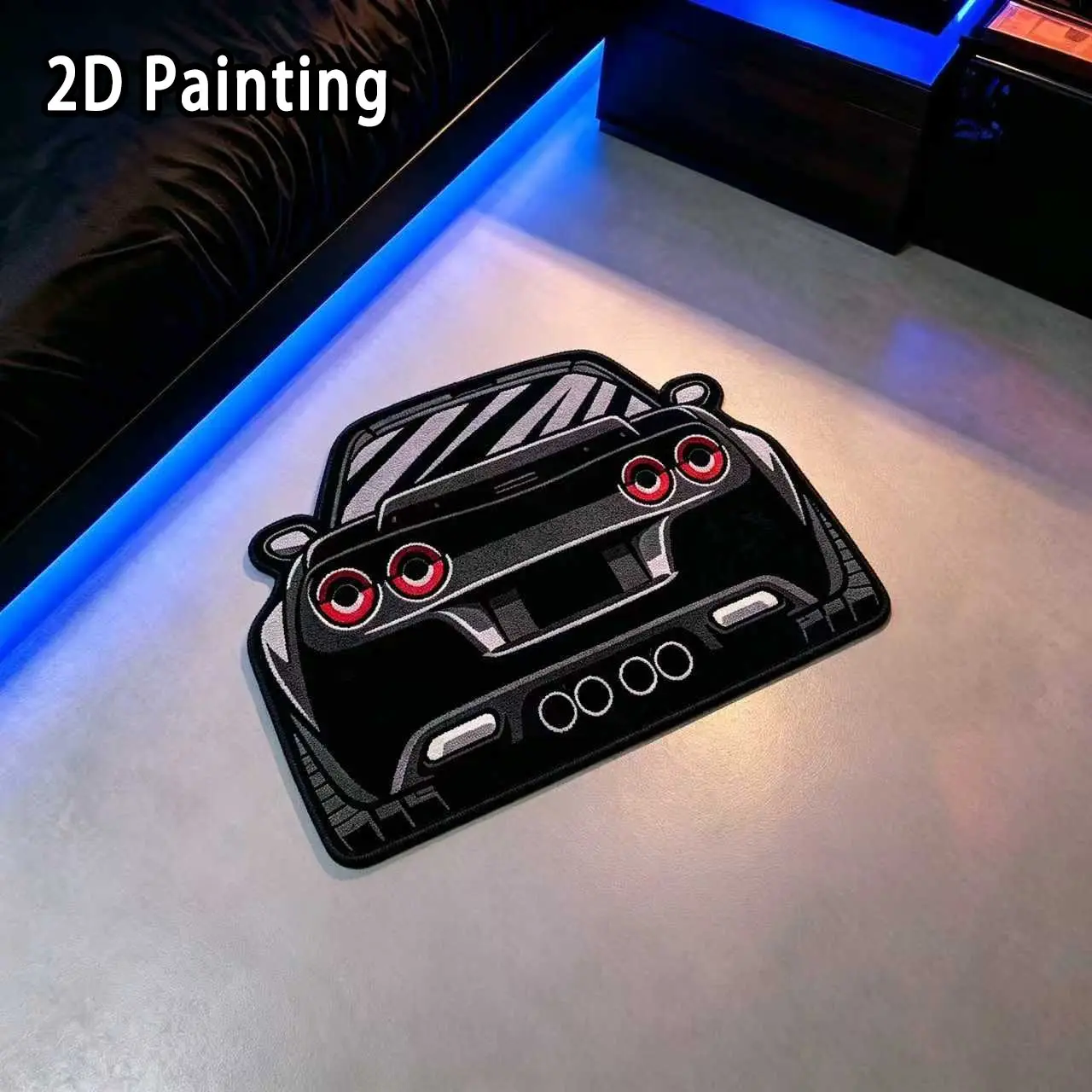 Cartoon Stylized Sports Car, Racing Supercar Floor Mat, Non-Slip Car-Themed Carpet, Flatweave Area Rug for Man Cave, Bedroom, Garage, Game Room