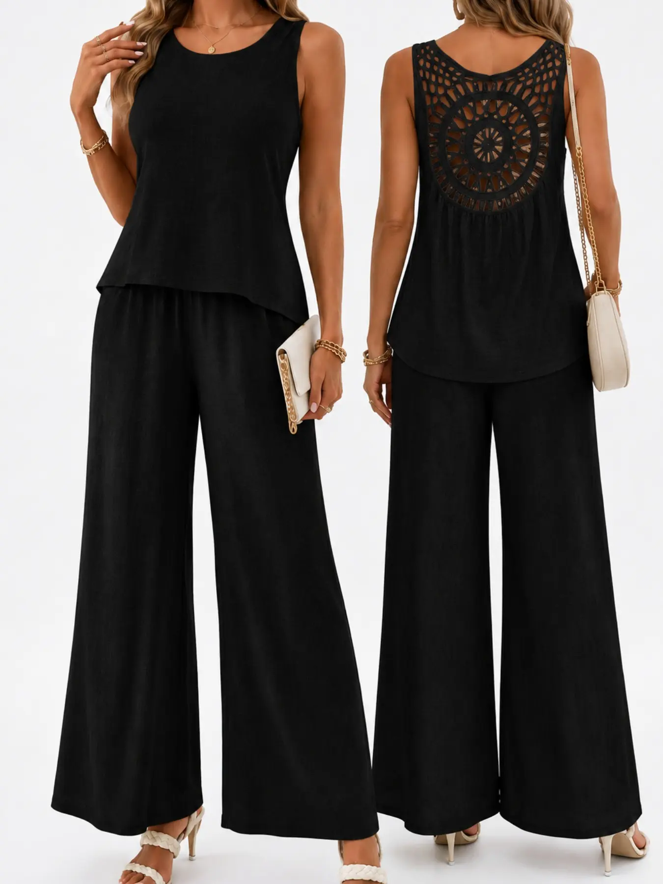Women's Sleeveless Lace Back Wide Leg Pants Set, Solid Round Neck Hollow Out Design, Casual Summer Vacation Daily Wear Clothes, Female Leisure Suit