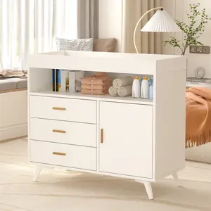 White MDF 3-Drawer Diaper Changing Table with Cabinet, Safety Belt, and Rails