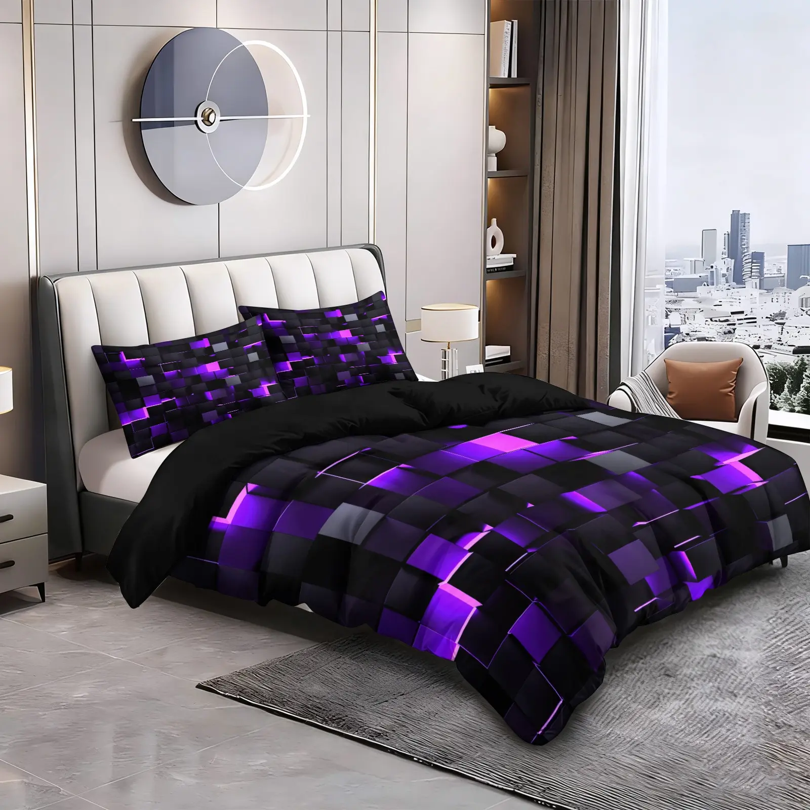 Futuristic Purple Black Geometric Style Duvet Cover Set, Inlcude 1 Comforter Cover and 1/2 Pillowcases, 3D Stereo Square Block Pattern Quilt Cover, Minimalist Tech Style Bedroom Decor Bedding, Soft and Comfortable, Hidden Zipper