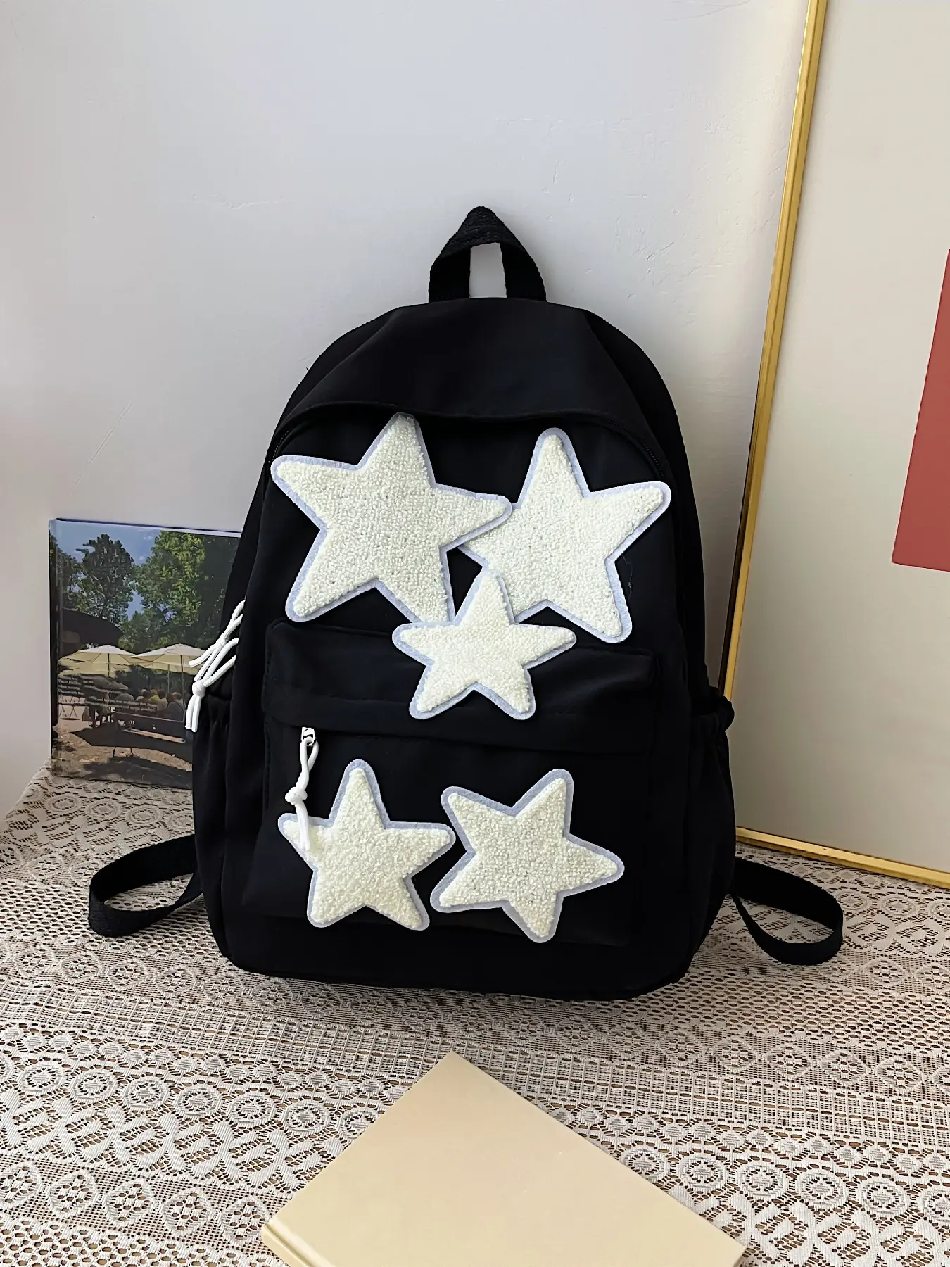 Casual and fashionable large capacity multi pocket design with star decoration backpack for couples, suitable for daily outings, Casual Daypack Backpacks