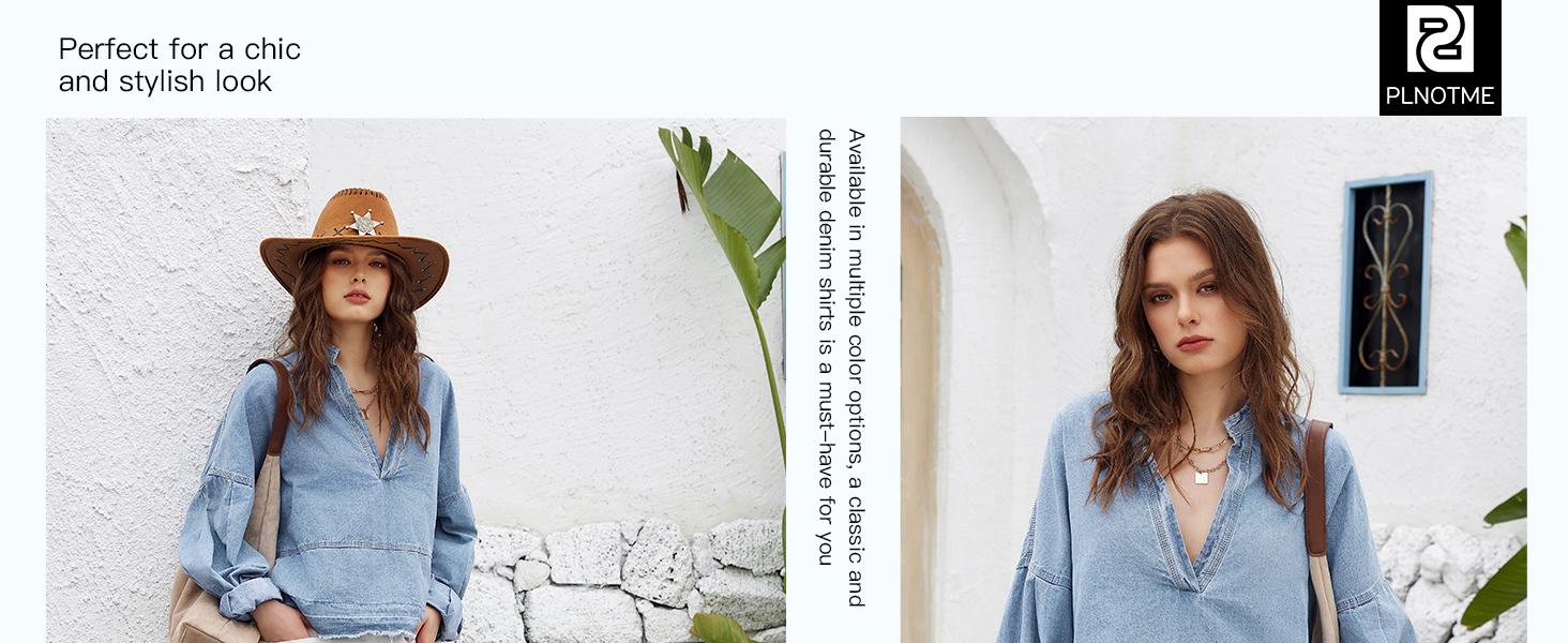 FMEYOA Womens Denim Tops Pullover Trendy Casual V Neck Loose Fit Puff Sleeve Jean Cotton Shirts