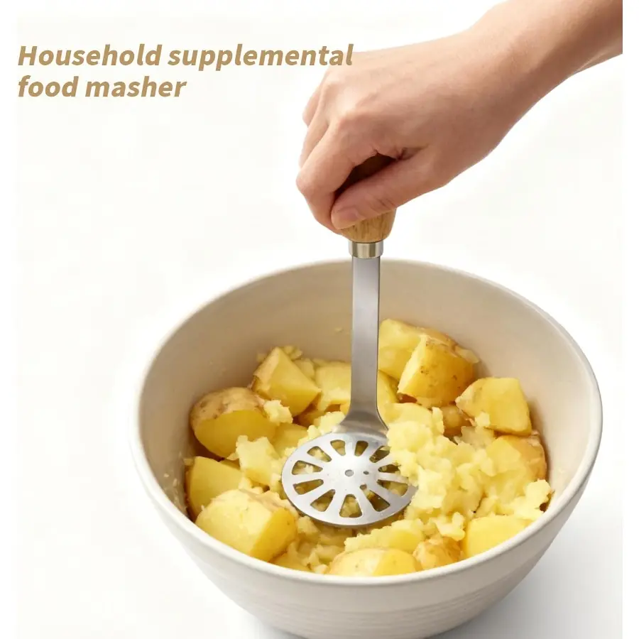 1pc,Mini Potato Masher,Avocado Masher with Wood Non Slip Handle Stainless Steel Masher Kitchen Tool