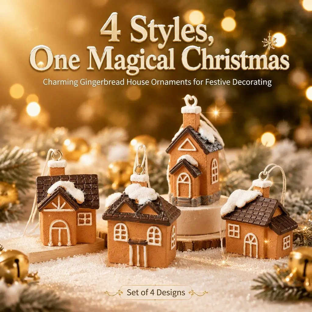4pcs Resin Mini Gingerbread House Christmas Ornaments Set, Snowy House Hanging Pendants, Xmas Tree Decoration, Winter Holiday Home Decor Gift