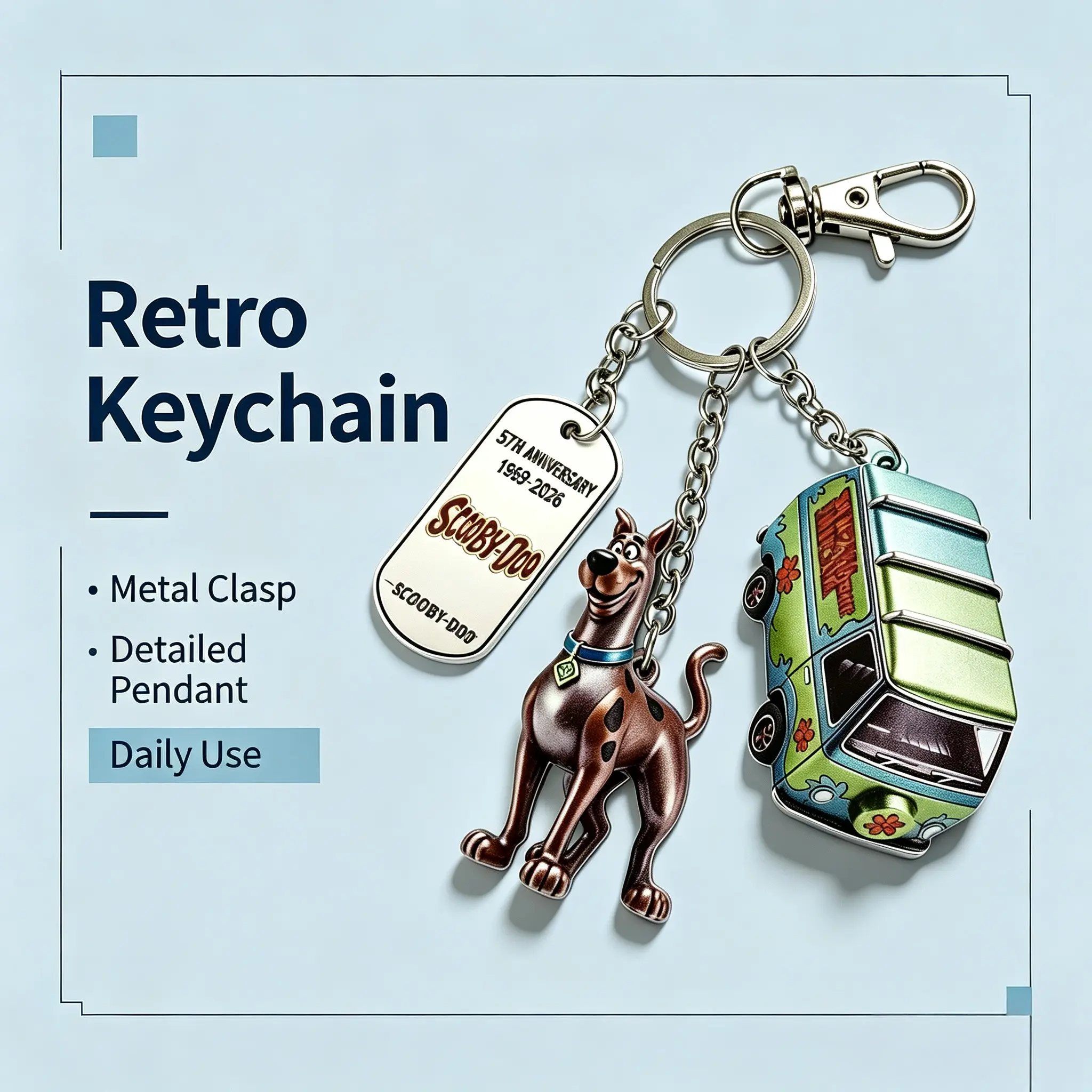 Scooby Doo Cartoon Keychain, 57th Anniversary Vintage Mystery Van Pendant, Backpack Charm Gift, Multi-Scene Decorative Keychain