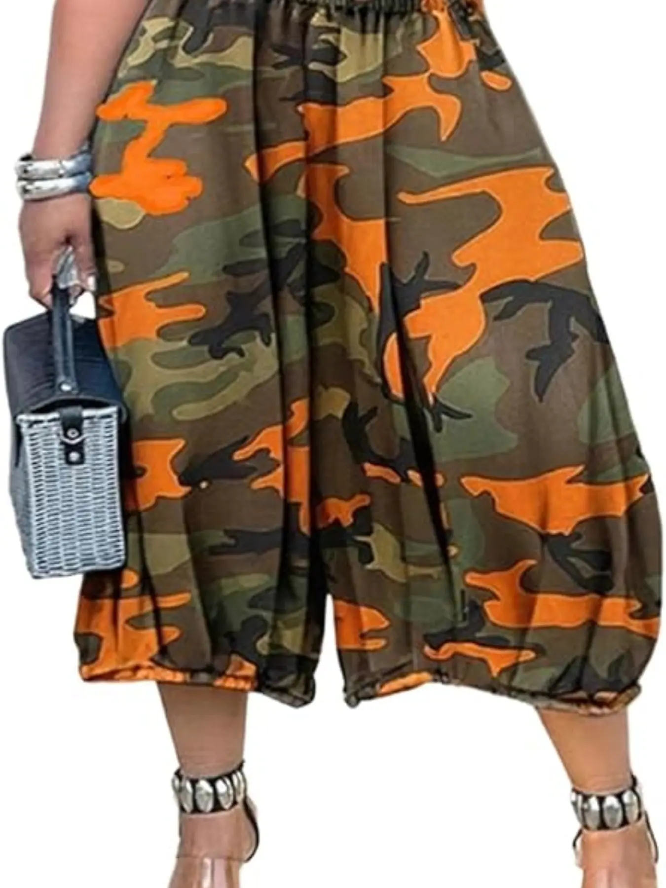 Women's Casual Camouflage Denim Jeans, Elastic Waist Wide Leg Seven-Eighths Jeans, Street Fashion Streetwear Cross-Border Clothing, D8764 Model