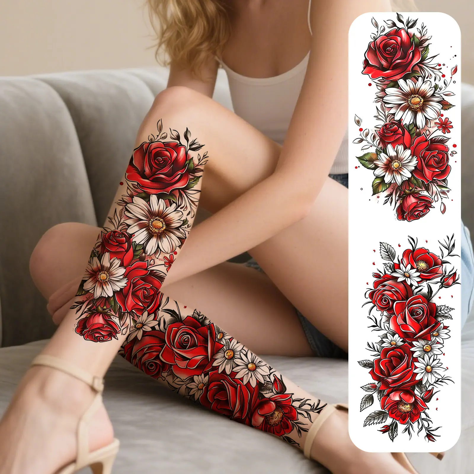 2pcs Red Flower Temporary Tattoo Stickers for Women, Waterproof & Long Lasting Fake Tattoo for Arm, Leg & Chest