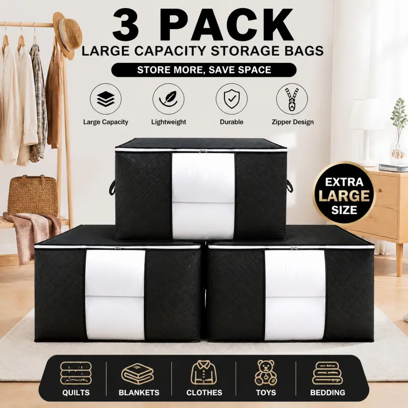 3 large-capacity foldable clothing storage bags, with transparent windows, space-saving organizers for quilts, bedding, blankets, and toys