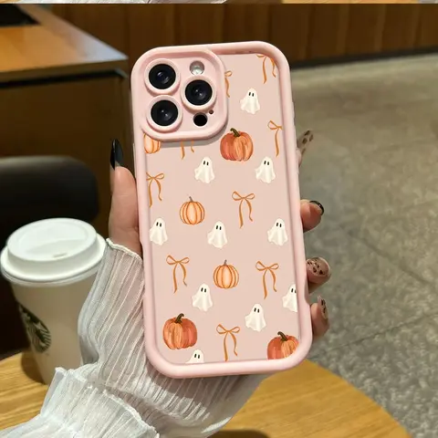 Halloween Ghost Pumpkin Bow TPU Phone Case, Shockproof Scratch‑Resistant Protective Cover for iPhone 11 12 13 14 15 16 17 Pro Max , Cute Holiday Gift