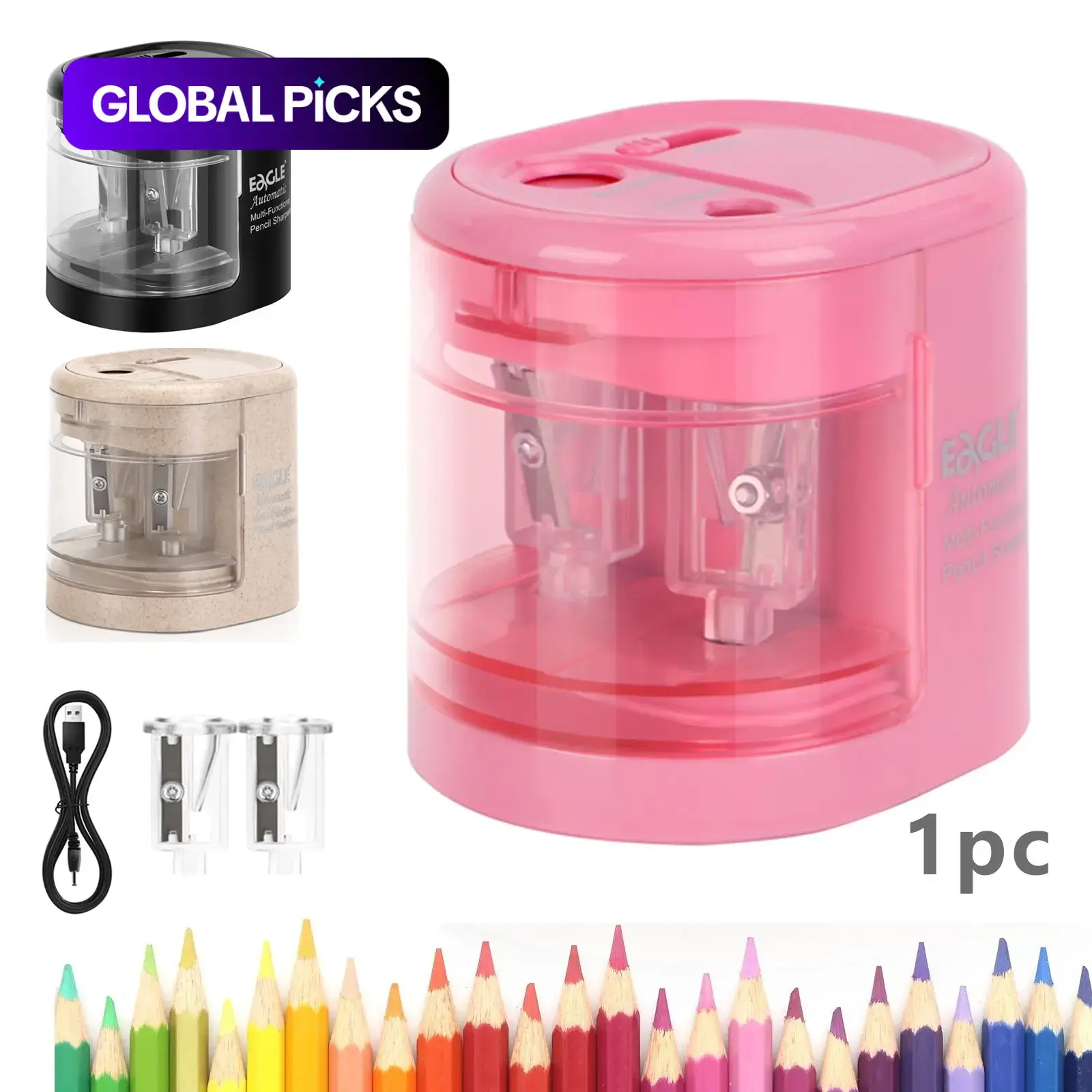 Electric Pencil Sharpener, Dual Hole Design 6-12mm, Wheat Straw Color, Battery or USB Powered, Automatic Stop, Safe and Reliable, Office Stationery Supplies, Office Supplies #GLOBAL PICKS