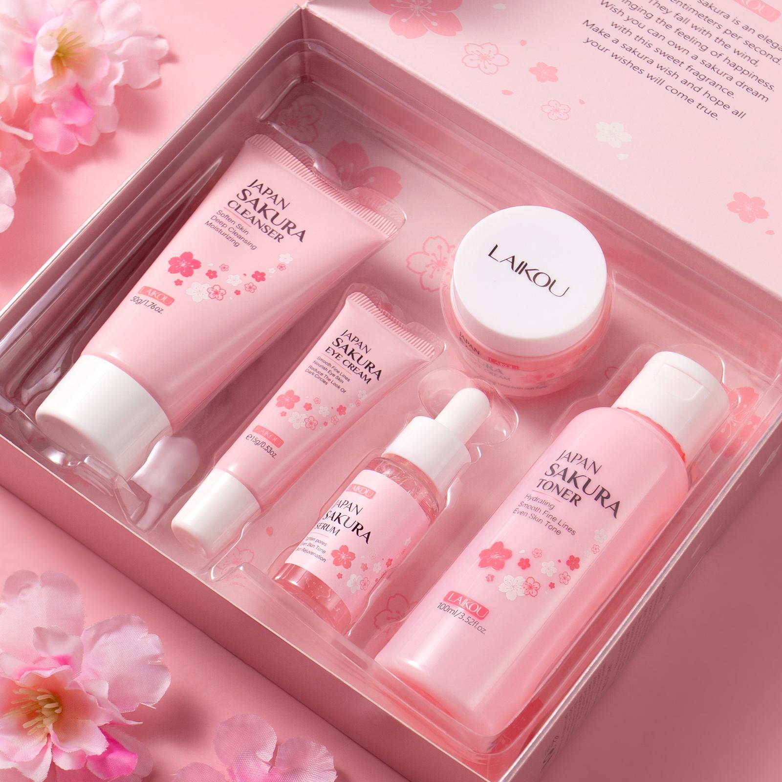 Sakura Facial Skincare Kit, 1 Count Moisturizing Sakura Essence Serum & 1 Count Brightening Sakura Eye Cream & 1 Count Soothing Sakura Face Cream, Hydrating Skincare Kit for Women, Hydrate