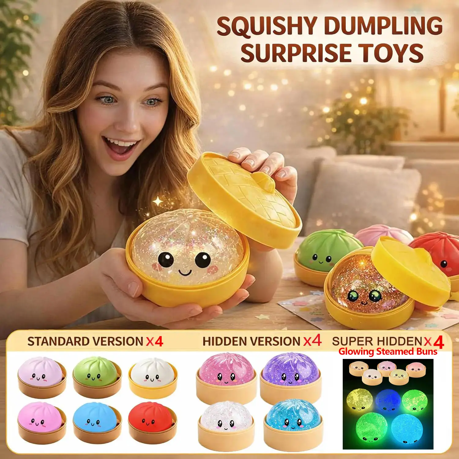 [Blind Box] 2026 New Glitter Dumpling Squishy with Steamer Box, Soft Sensory Fidget Stress Ball Squishy Steamed Bun Squeeze Tool for Adult Stress & Anxiety Relief, Kawaii Squishies, Dumpling Stress Balls, Dumplings Stress Balls