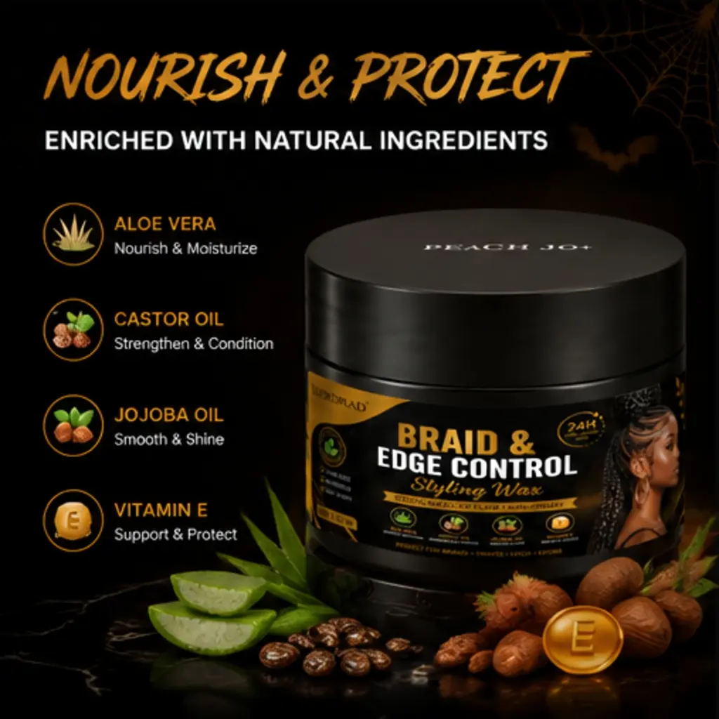 Braid and Edge Control Styling Wax, Aloe Vera, Castor Oil, Jojoba Oil, Vitamin E, 24h long lasting hold, strong hold, no flake, non-greasy, flake-free, no residue, easy wash, perfect for braids,