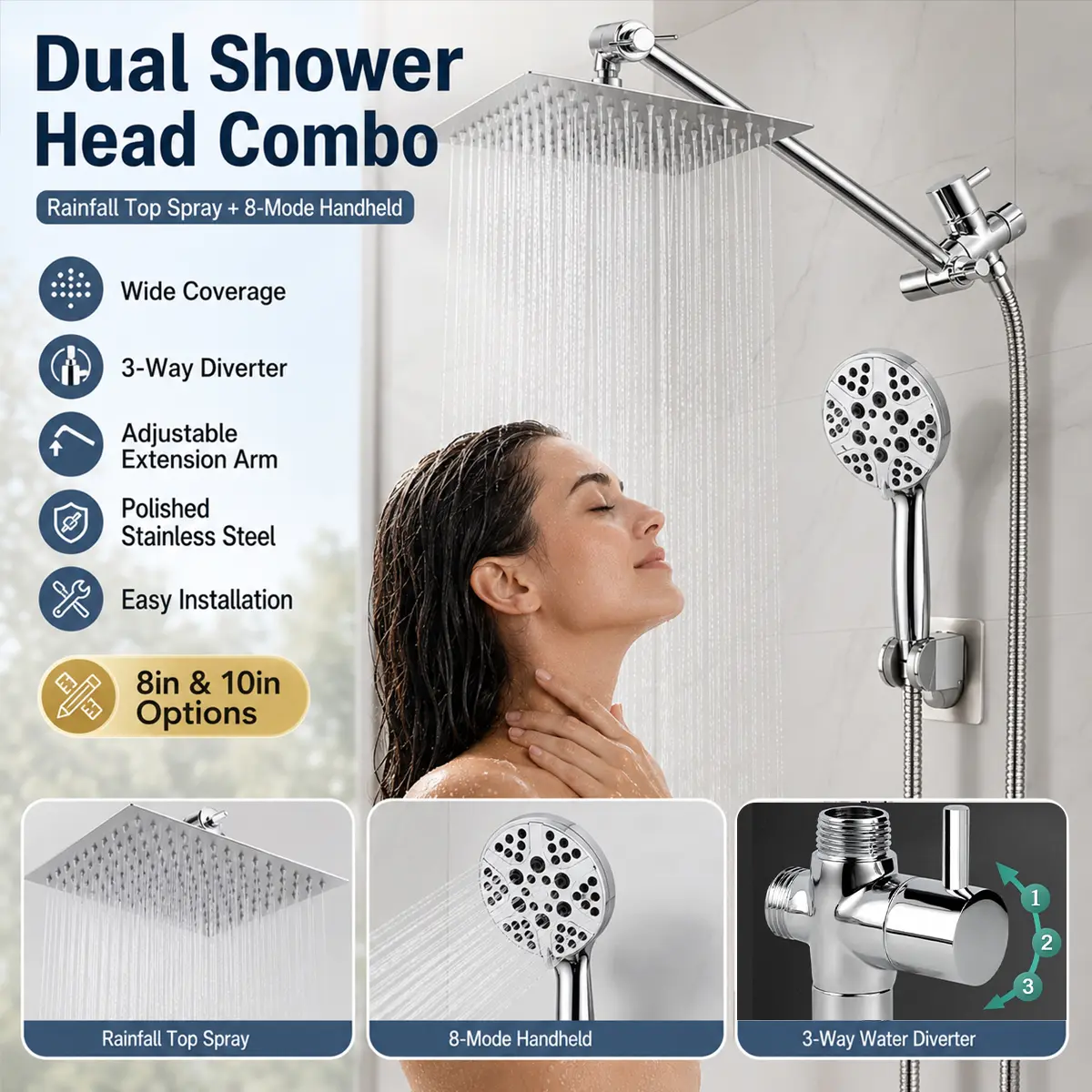 Stainless Steel Rainfall Shower Head Combo, Chrome High Pressure Shower System with Handheld Sprayer, Extension Arm & 3-Way Diverter, 8-Mode Hand Shower, 8in/10in Top Spray for Bathroom, Bathtub Rinse, Pet Wash, Home Hotel Upgrade