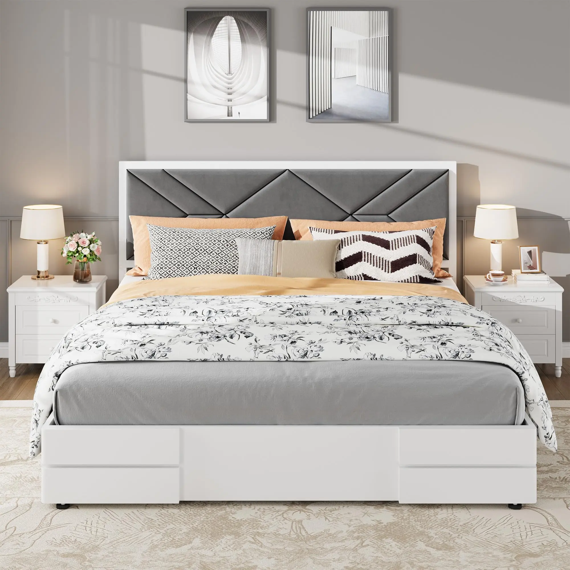 Garvee Full Size Upholstered Bed Frame,Wooden Bed Frame with Fabric Upholstered Headboard,No Box Spring Needed,Strong Wooden Slats,Easy Assembly,White