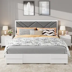 Garvee Full Size Upholstered Bed Frame,Wooden Bed Frame with Fabric Upholstered Headboard,No Box Spring Needed,Strong Wooden Slats,Easy Assembly,White