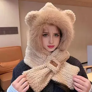 1PC Women's Cute Bear Earflap Hat and Scarf Set – Winter Warm Beanie with Soft Inner Lining, Knit Cap with Attached Scarf for Outdoor Snow