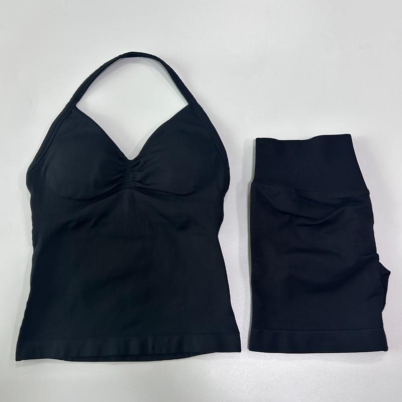 2Pcs Gym Set Women Backless Tank Tops High Waist Scrunch Seamless Shorts Gym Suit Fitness Clothes Activewear Workout Sets