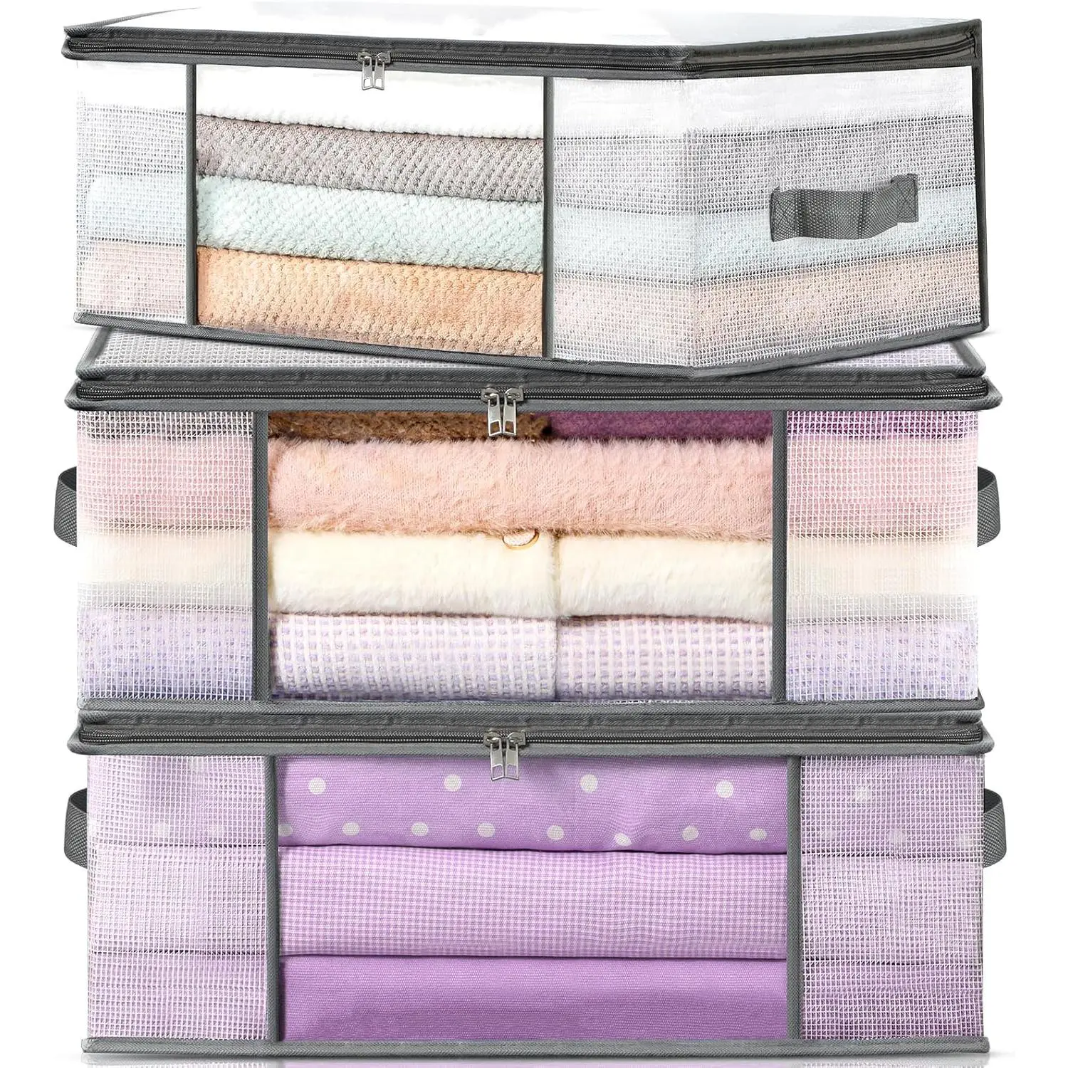 3-Pack Clothes Storage Bags, Plastic Foldable Blanket Storage bins, Closet Organizer Container for Bedroom, Bedding, Comforters, Pillows, and Clothing - 35L with Handles