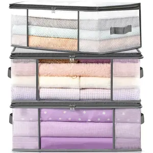 3-Pack Clothes Storage Bags, Plastic Foldable Blanket Storage bins, Closet Organizer Container for Bedroom, Bedding, Comforters, Pillows, and Clothing - 35L with Handles