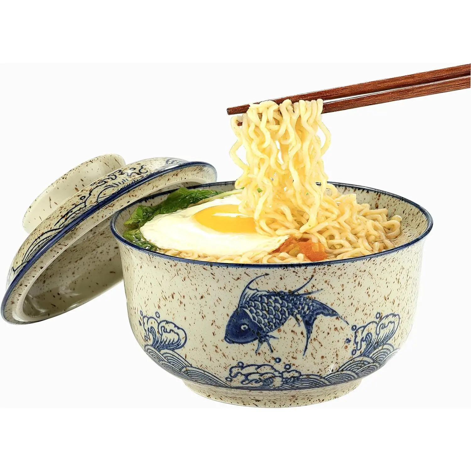 Thick Classic Stylish Traditional Tableware 25 OZ Microwavable Korean Ramen Bowl with Lid, Blue Fish and Wave Design, Ceramic
