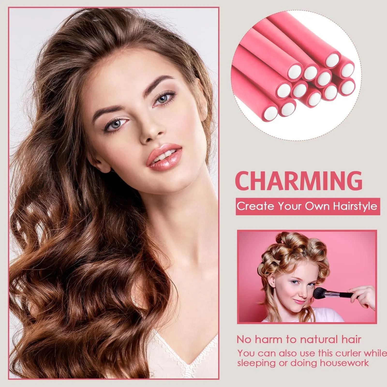 Home No-Heat Hair Curlers 30pcs, Heatless Curlers, Bendable Foam Rollers, with Sectioning Comb, for Women Long Short Hair, Easy-To-Use Hair Styling Tools