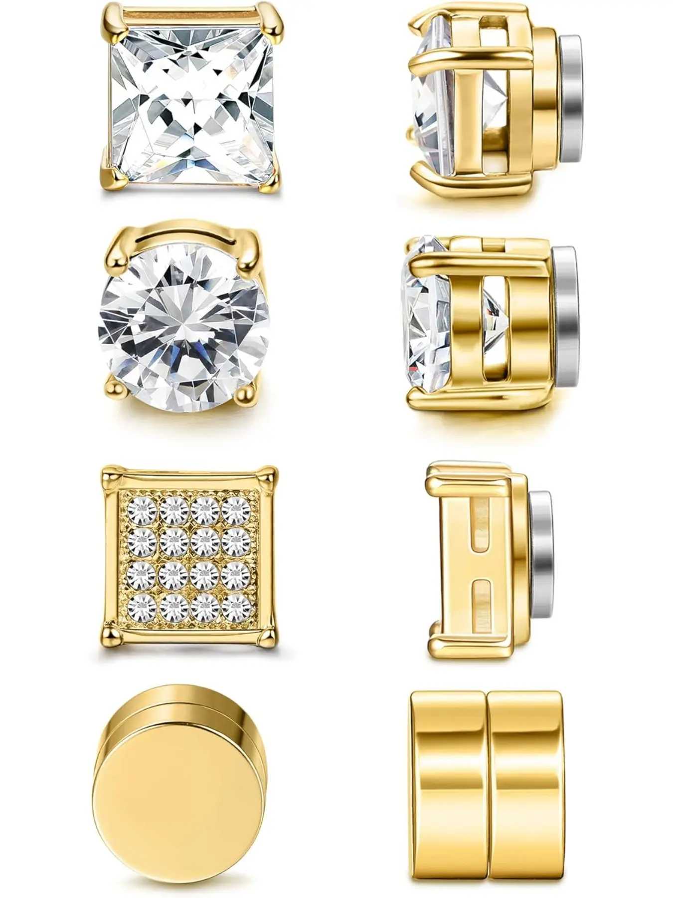 4 Pairs Stainless Steel Magnetic Stud Earrings for Men Women Gold CZ Non-Piercing Clip On Stud Earrings Set 7-8MM Jewellery Accessories