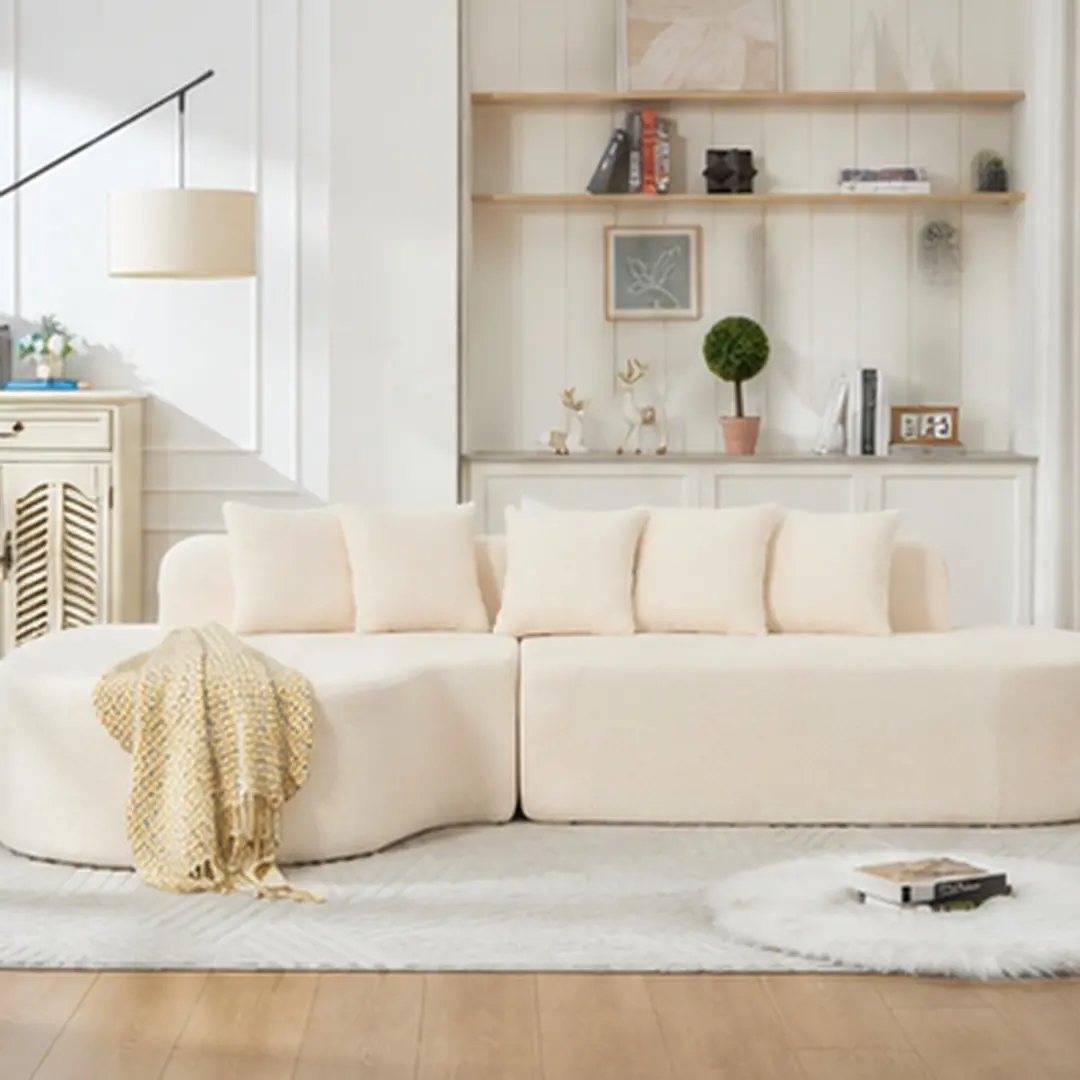 ARCH 110.2" L-Shape Sectional Sofa for Living Room, Curved Boneless Couch with 5 Pillows, Deep Seat Chenille Flannelette Upholstered, High-Density Memory Foam, No Assembly Required, Ivory, 3-Seat, Ivory Color Options, Flannelette Material, 61.81" W X 112.