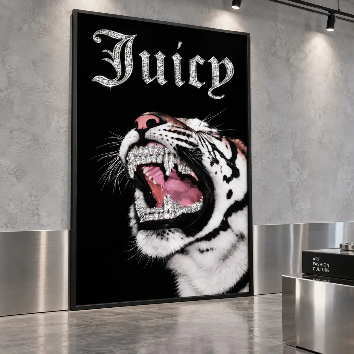 Luxury Hip Hop White Tiger Wall Art, Diamond Grillz Animal Canvas Poster, Gothic Y2K Baddie Streetwear Decor for Bedroom, Game Room, Dorm & Man Cave, Unique Gift for Hip Hop Fans, Soho Chic