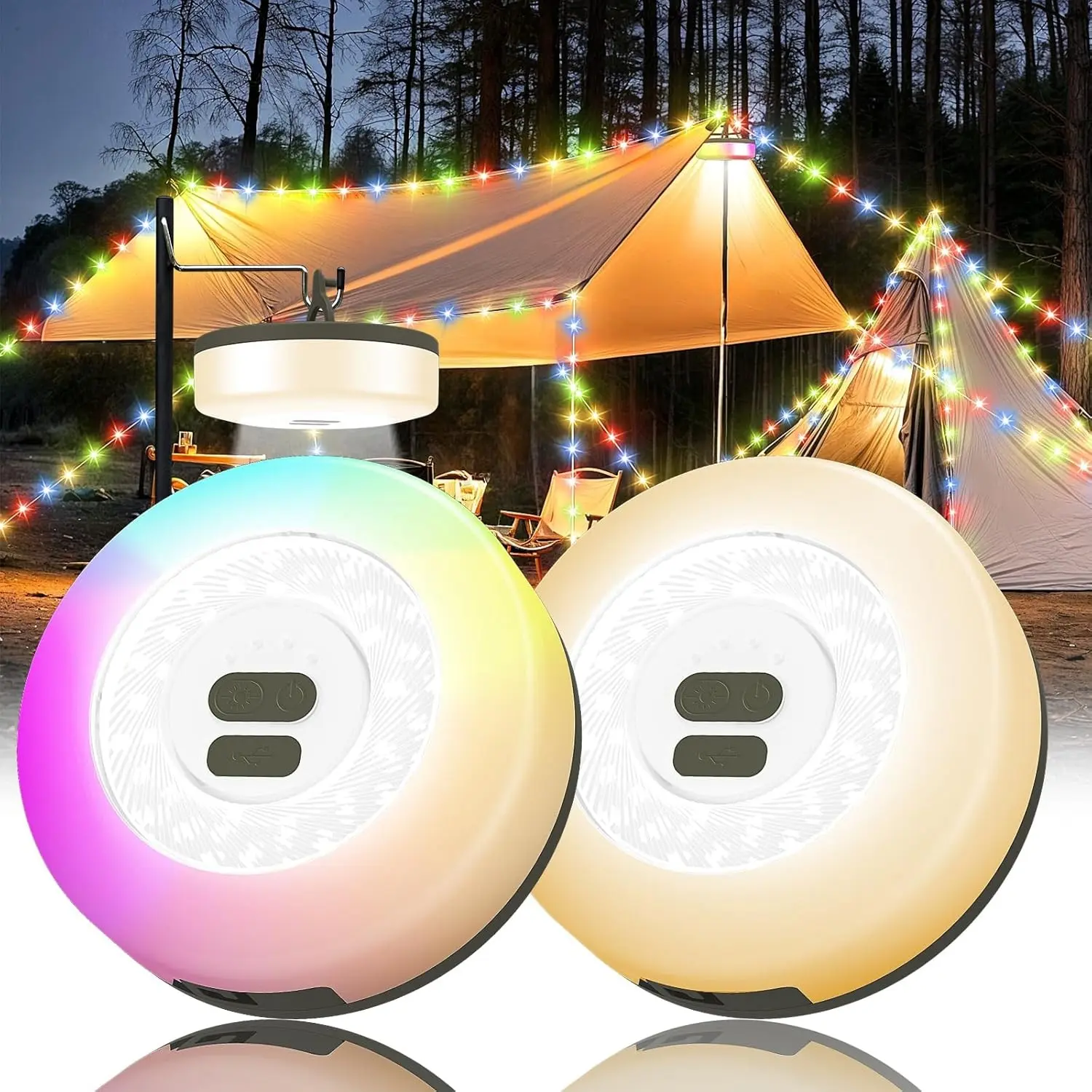 10m RGB Fairy String Lights with Camping Lantern, Portable Rechargeable Decorative Lights for Camping, Party, Christmas