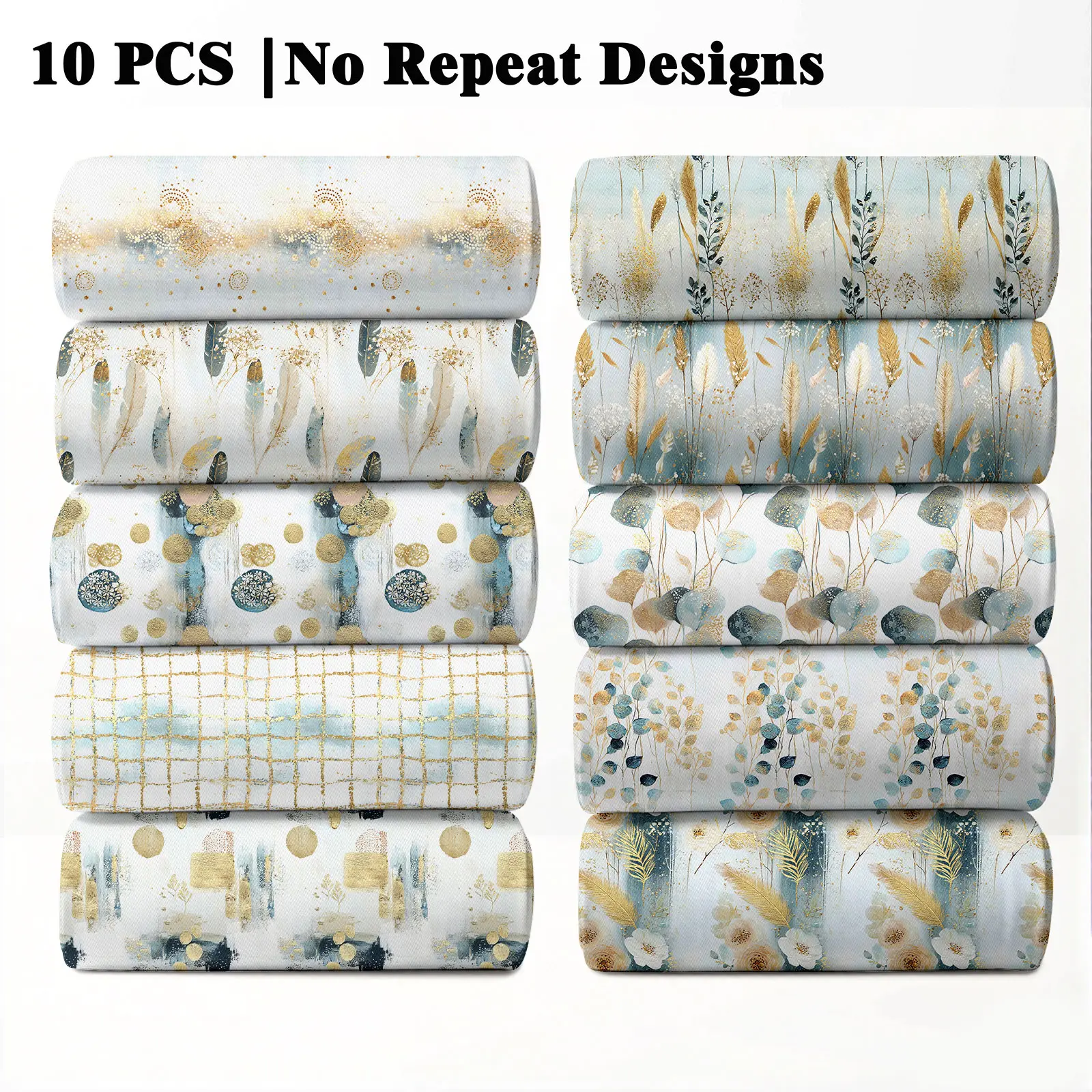 10PCS Pale Blue Bohemian Print Fabric Bundles, 23x55cm (9x22in) Classic Soft Ethnic Pattern Quilting Home Decor DIY
