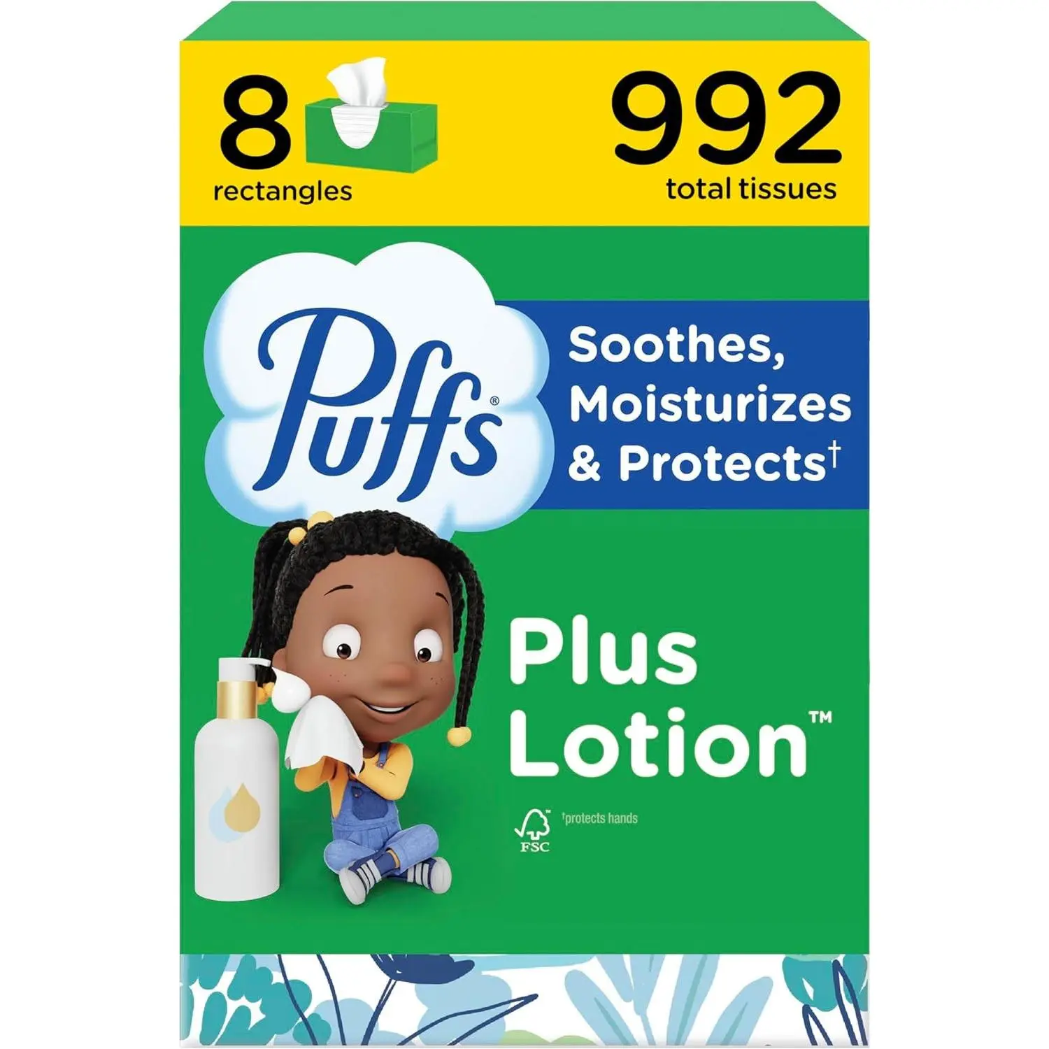 Puffs Facial Tissues Plus Lotion, 8 Family Rectangle Boxes, 124 Facial Tissues per Box, Allergies and Colds (Packaging May Vary)
