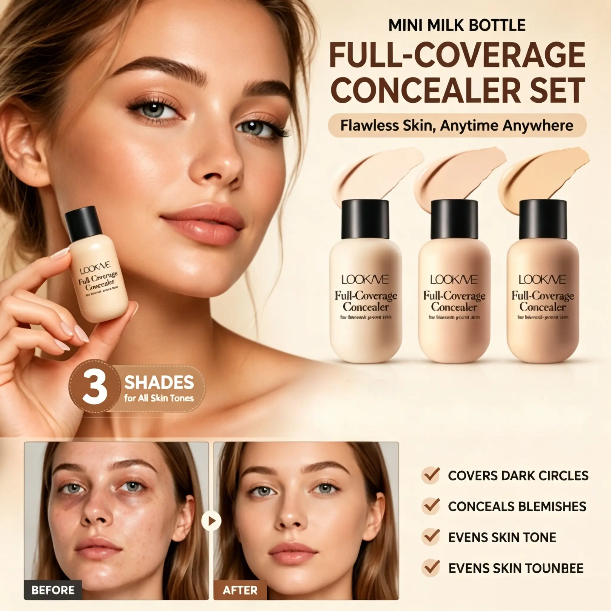 New three-color mini bottle concealer set, Longwear concealer, combining foundation and concealer in one product, covers acne marks and dark circles, evens out facial blemishes, delivers long-lasting makeup