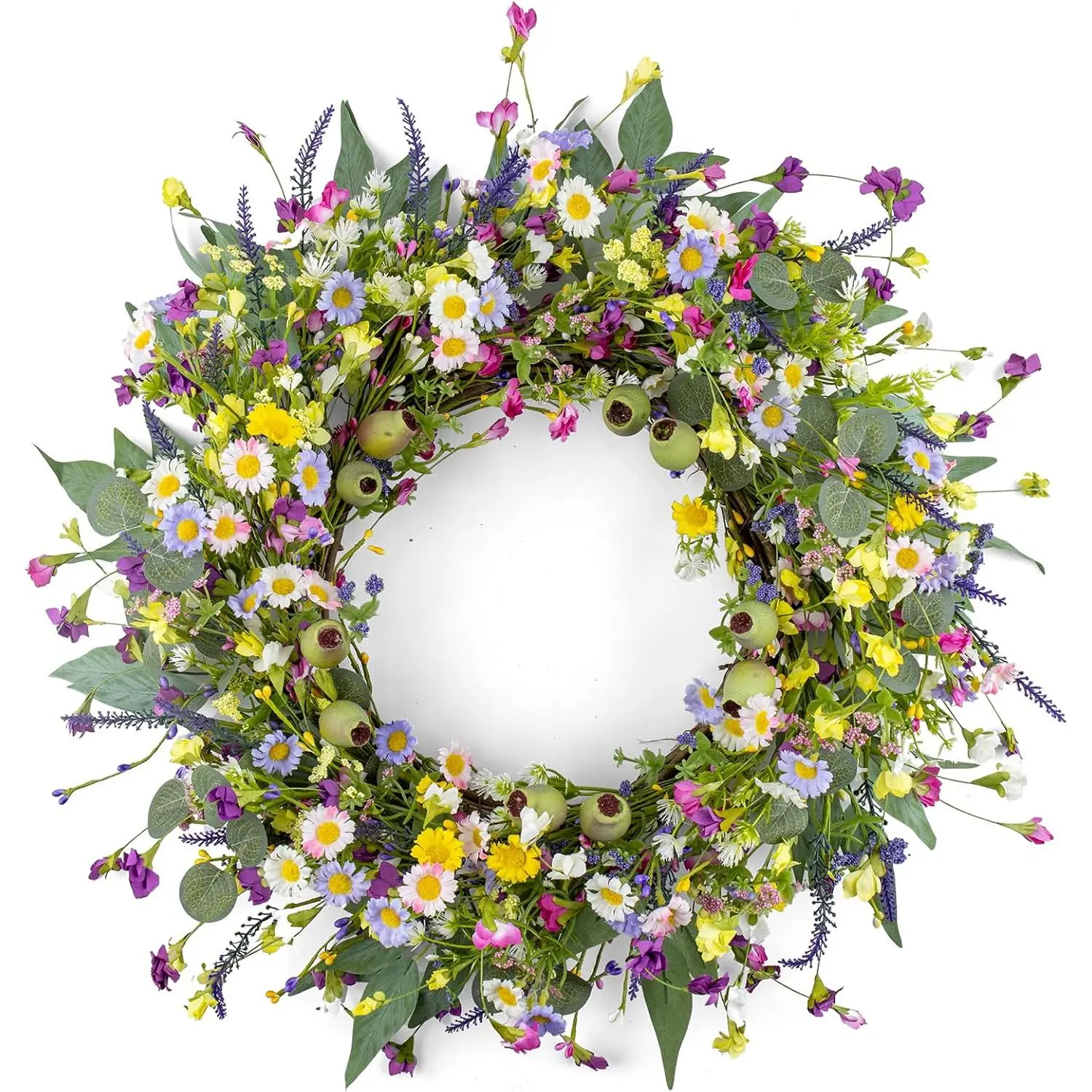 22 Inches Summer Wreaths for Front Door Green Spring Floral Wreath Summer Door Wreath Wildflower Wreaths with Lavender Daisy for Indoors Windows Porch Wall Outside