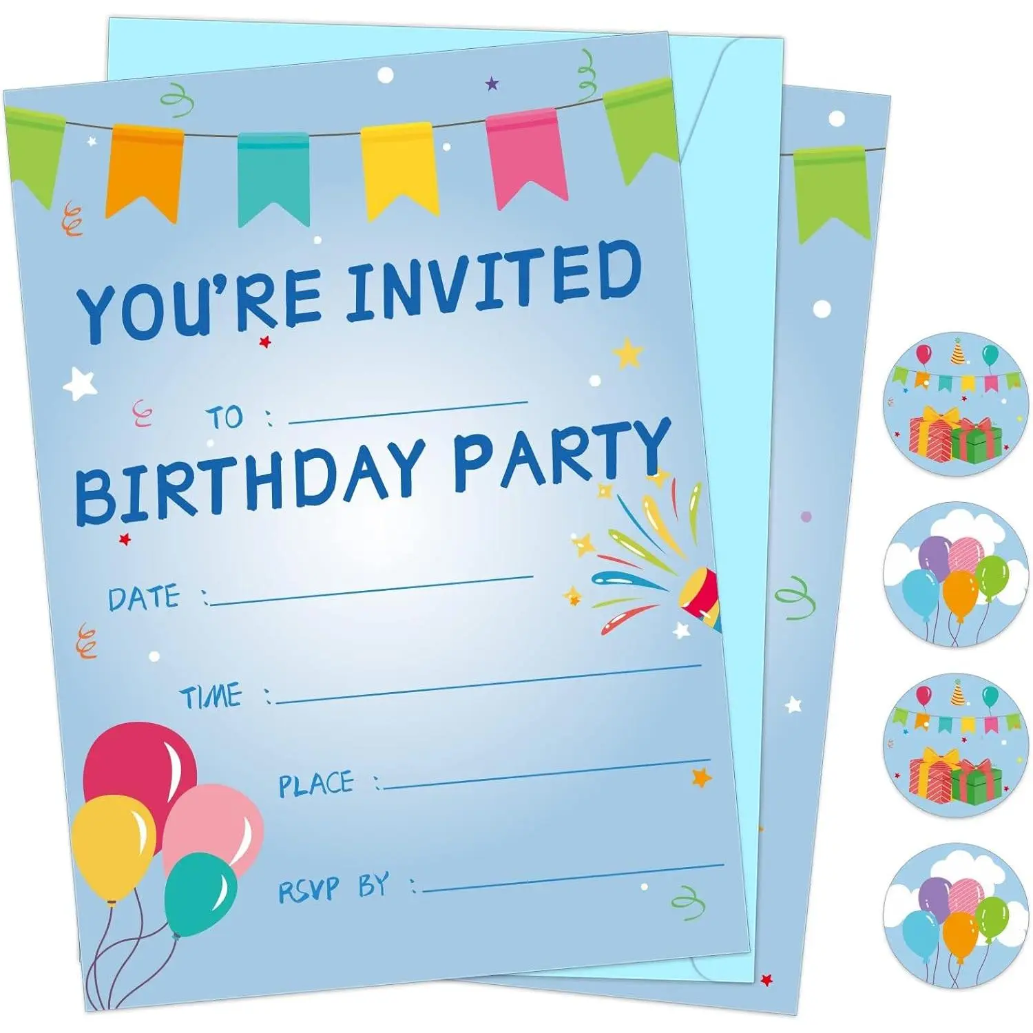 30-Pack Birthday Party Invitations Set with Envelopes, Sticker Labels & Decorations Supplies for Girls, Kids' Surprise Parties & Baby Showers