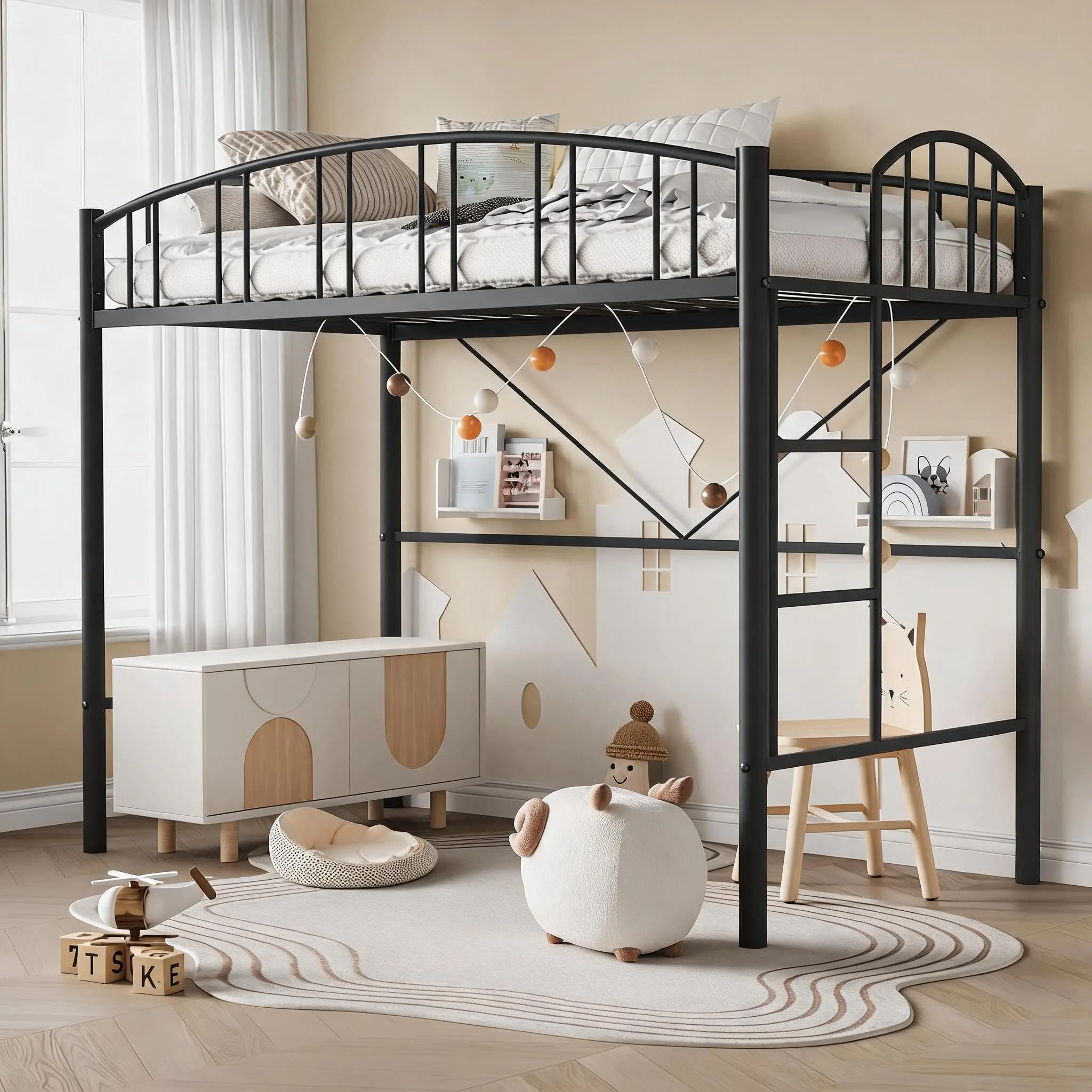 Modern Space-Saving Twin Metal Loft Bed Frame – Heavy Duty, Arched Guardrail, Safety Ladder, No Box Seasonal Needed – Matte Black