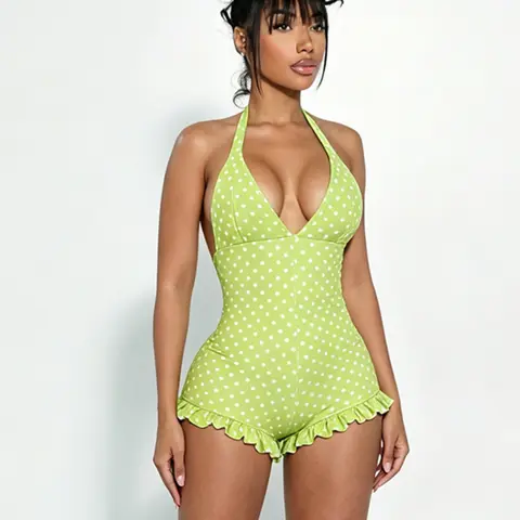 Fashion Women's Polka Dot V-Neck Halter One-Piece Shorts, Ruffled Romper, Unique Ruffle Design, Perfect for Daily Wear and Vacation