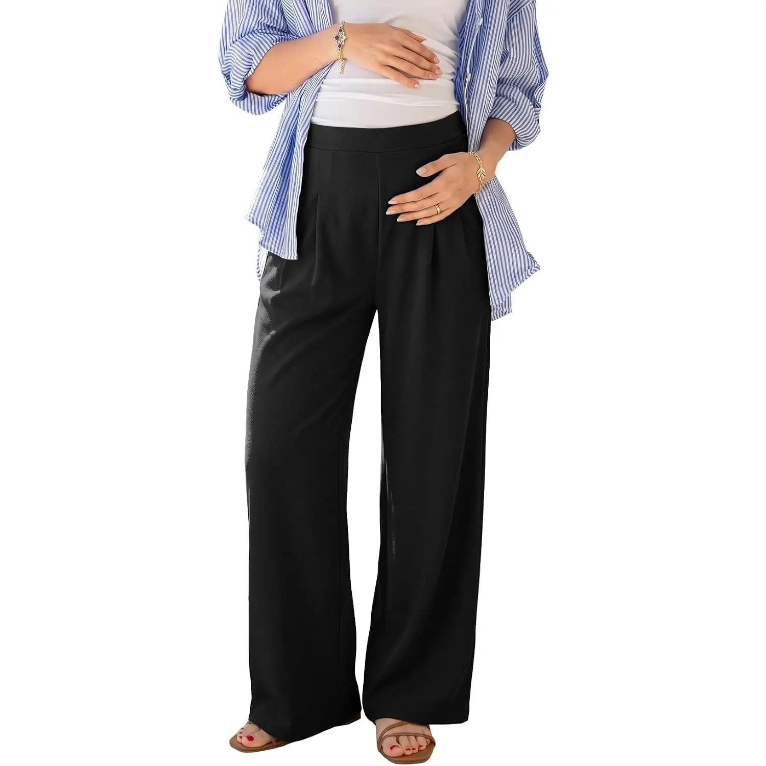 Women Maternity Work Pants Elastic High Waist Dressy Casual Stretchy Trousers Straight Leg Plus Size Pregnancy Workout Long Joggers Clothes With Pockets