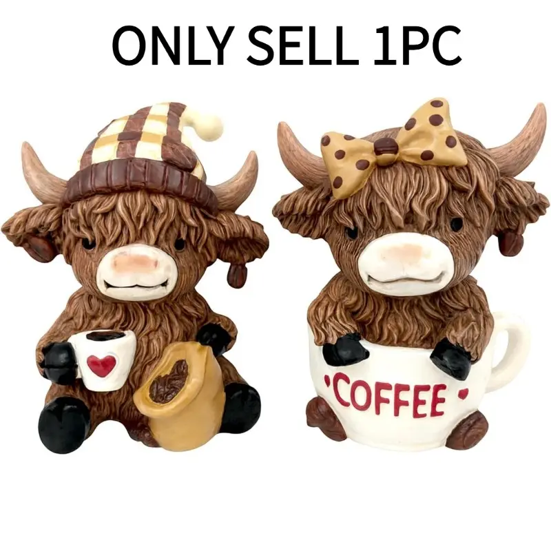 Highland Cow Resin Statue Set, Decorative Highland Cow Figurine with Dwarf Statues, Ideal for Bathroom, Kitchen, and Coffee Table, Resin Animal Ornaments