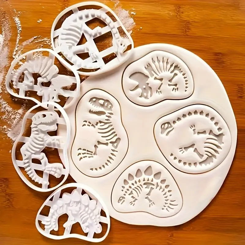 Jurassic-Inspired 4-Piece Dinosaur Fossil Cookie Cutter Set, 4 Unique Styles for Baking, Biscuits & Crafts, Durable Plastic