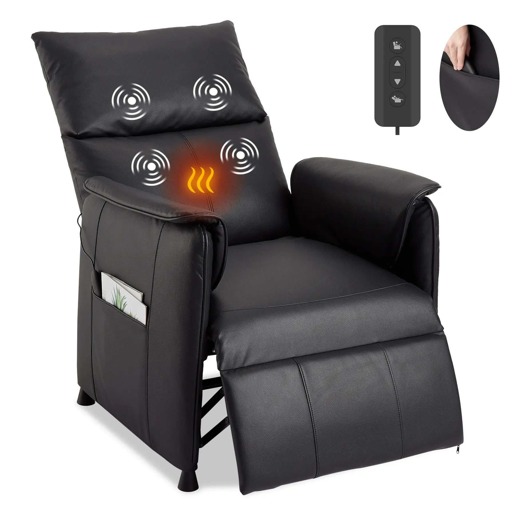Electric Recliner Chair with Massage & Heat – Adjustable PU Leather Single Armchair – Remote Control & Padded Comfort – Home Theater or Living Room Seating – Black