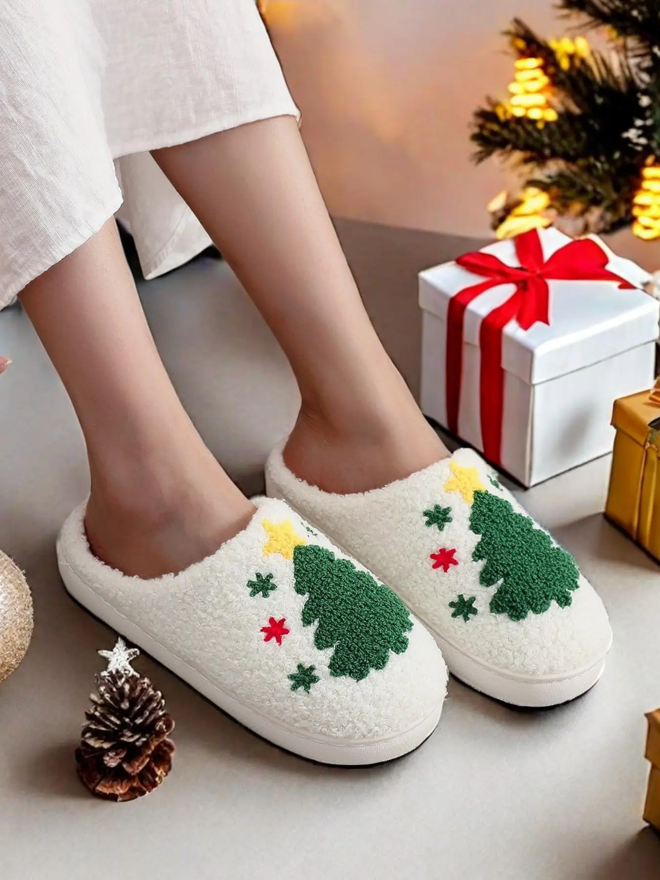 Women's Cute Gingerbread Man Design Plush Slippers, Casual Soft Comfortable Home Slippers, Warm Slippers for Indoor & Outdoor Use for Fall & Winter