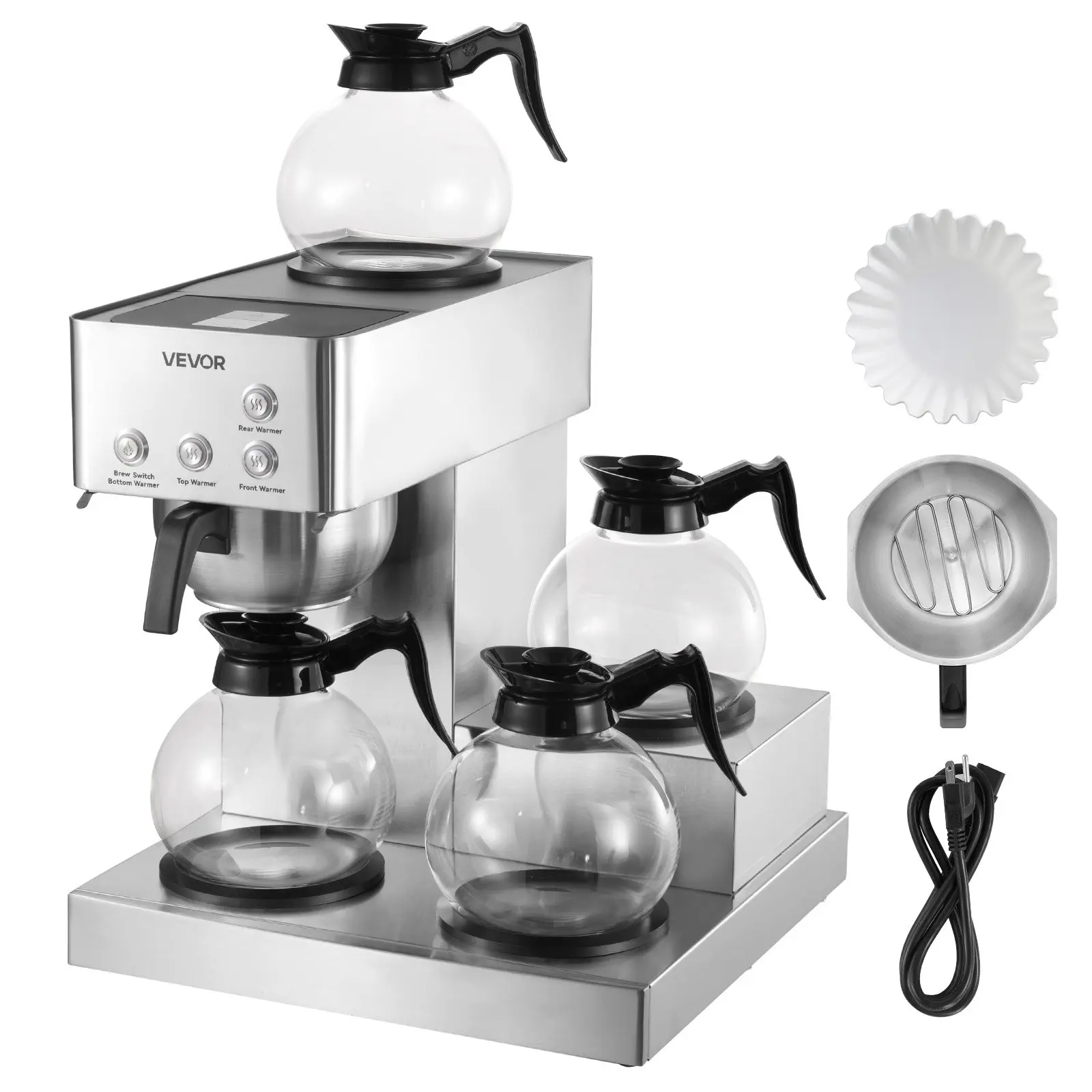 Commercial Drip Coffee Maker, 12 Cups Coffee-Maker Machine with 4 Glass Carafes and 4 Decanter Warmer Plates, Stainless Steel Drip Style Coffee Brewer, for Restaurant, Office, Coffee Shop Home