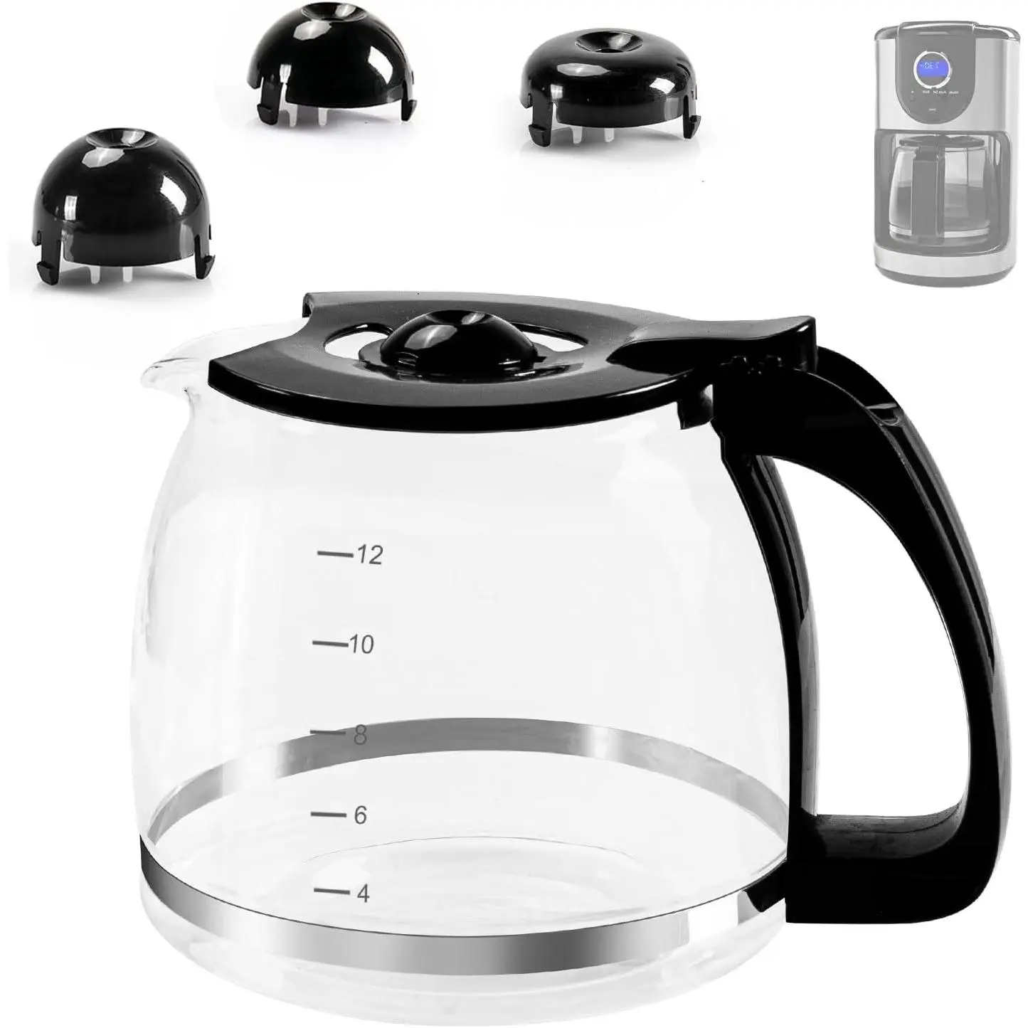 12-Cup Glass Carafe Replacement Pot for Universal Coffee Maker, 12 Cup 1.8L Coffee Pot with Handle & 3 Snap-On Caps in Different Sizes