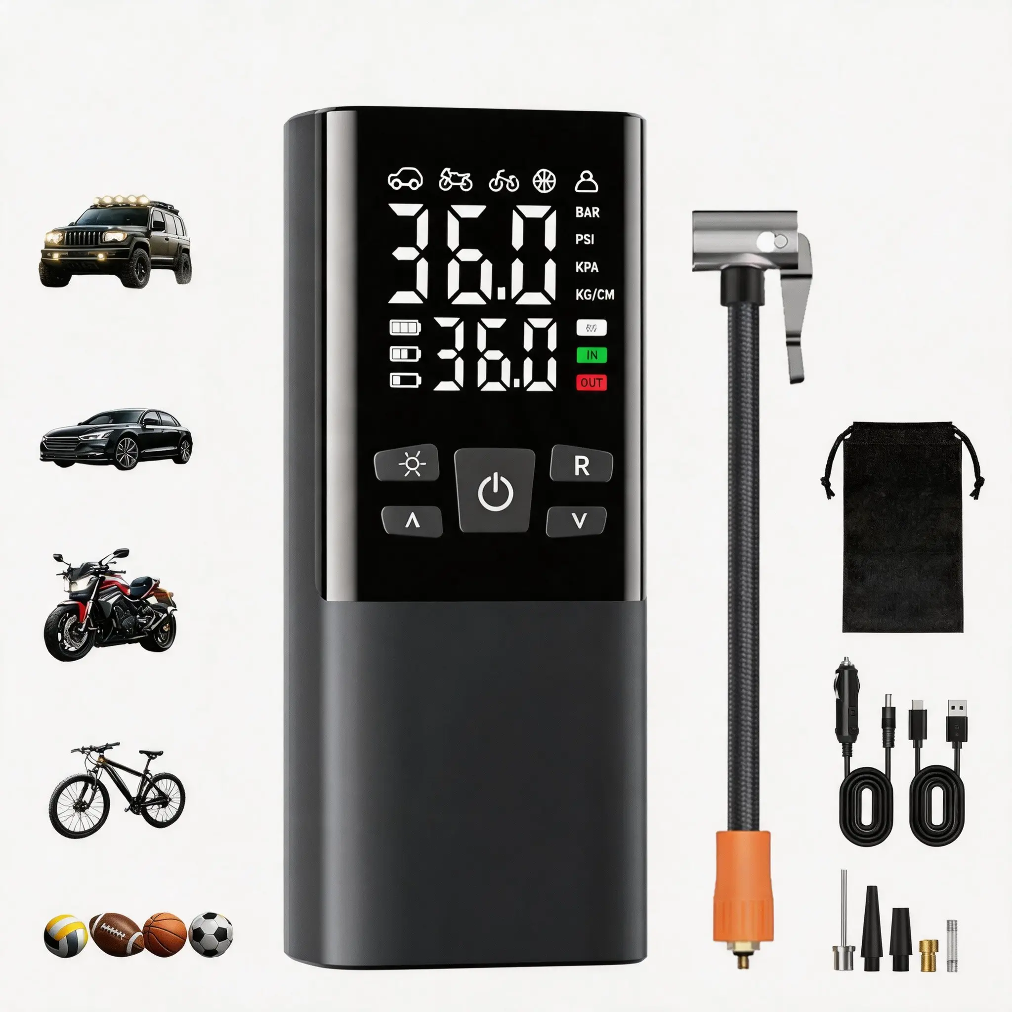 Portable Wireless Tire Inflator, 6000mAh Battery & Car Cigarette Lighter Powered, Digital Pressure Gauge, 5 Preset Modes Auto Shut Off, Type-C Rechargeable Mini Air Compressor for Car, Motorcycle, Bikes & Balls