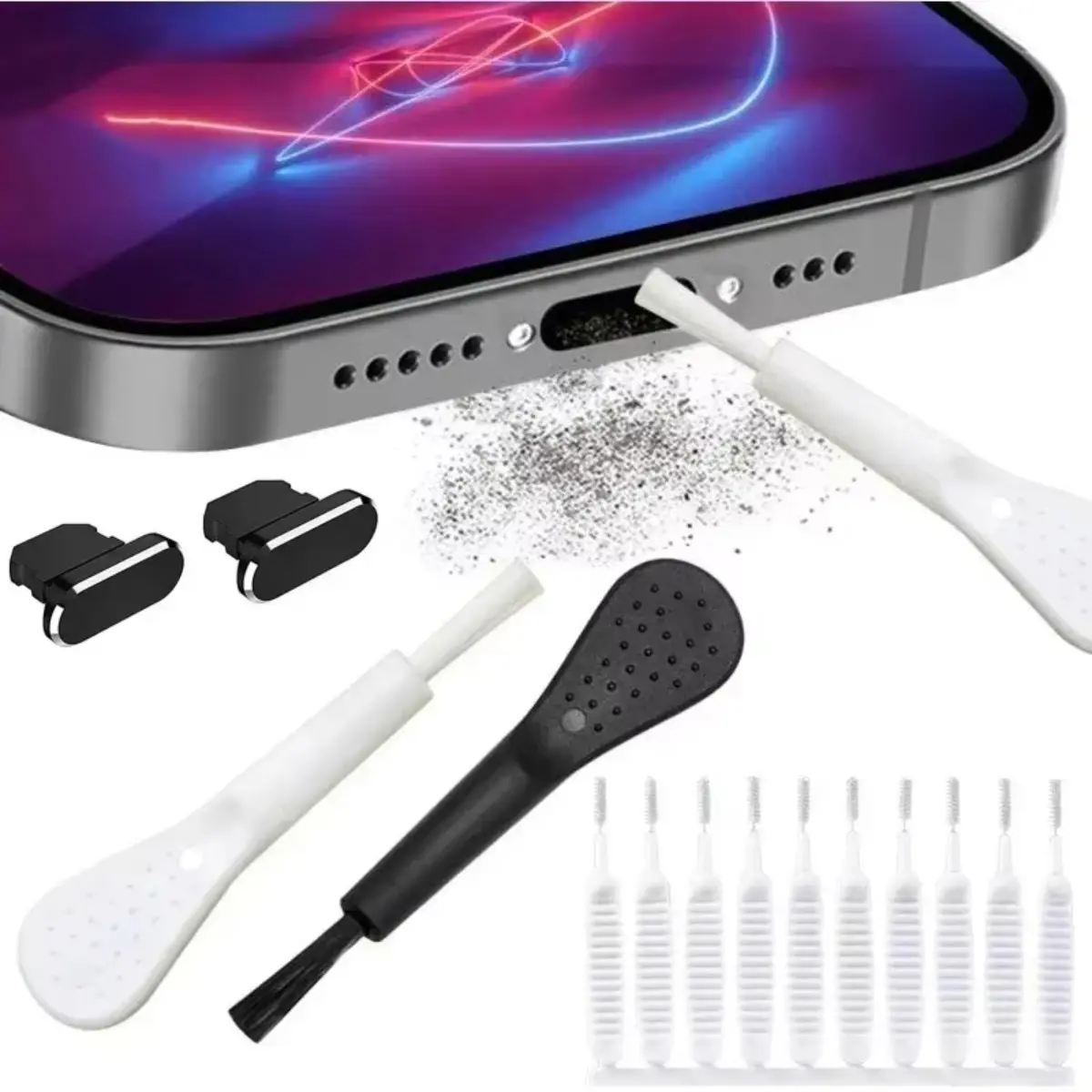13/14PCS Nylon & PP Polypropylene Compact Mobile Phone Charging Port Dust Plug Kit - USB-C Covers, Lightning Covers, Deep Cleaning Brush for Smartphones