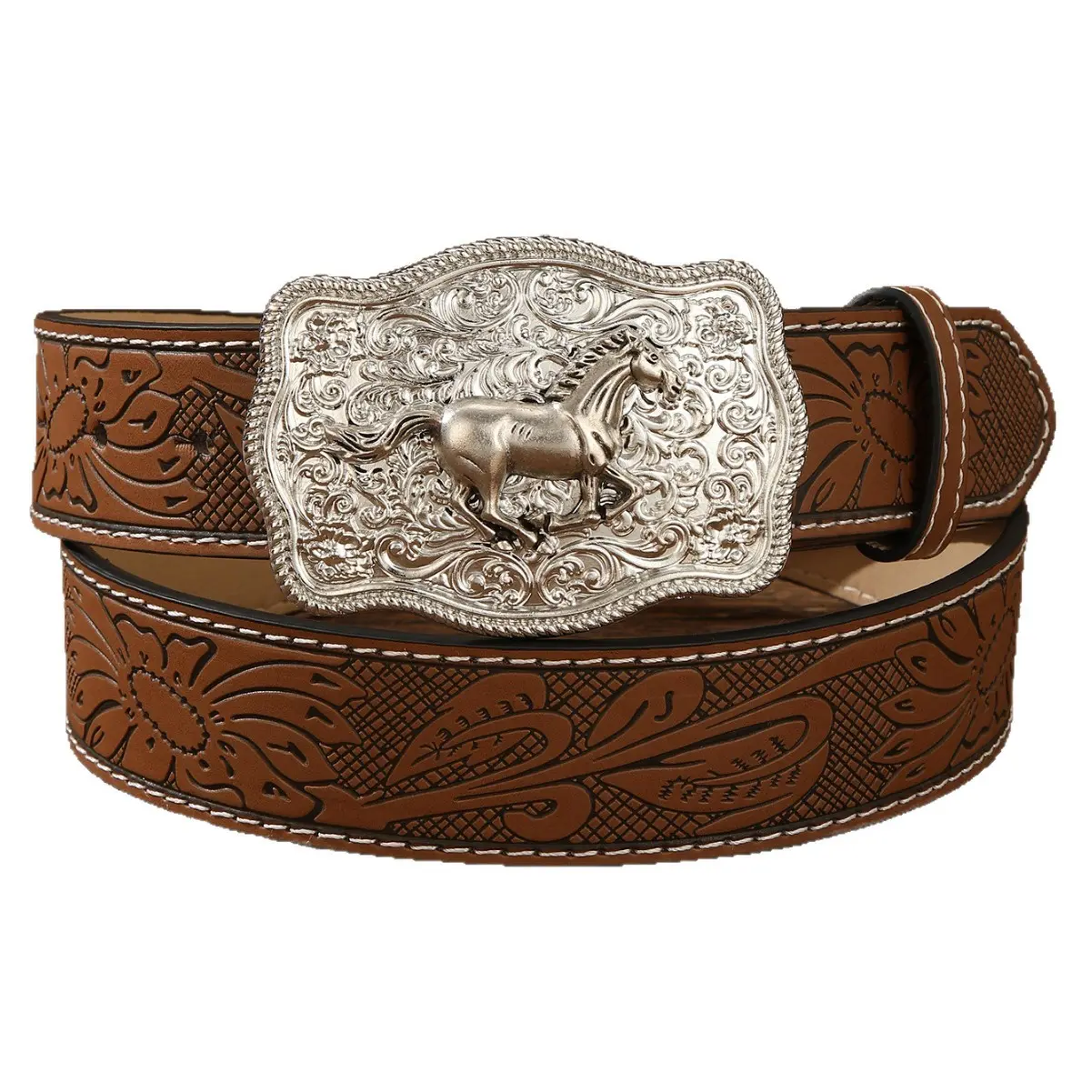 Men’s classic western cowboy belt with ornate silver horse buckle, handcrafted style embossed floral brown leather belt, ideal for rodeo events, country fashion, workwear and everyday vintage wear