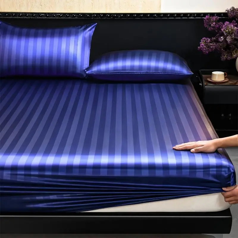 Luxury Striped Satin Fitted Sheet 3 Piece Set, Cooling Deep Pocket, Wrinkle & Fade Resistant, Hotel Style for Hot Sleepers