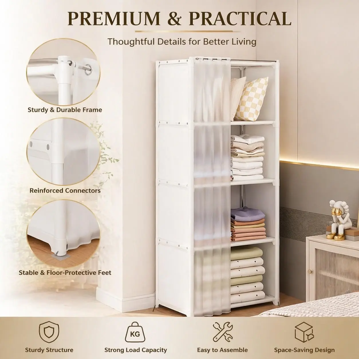 Simple Dust-Proof Storage Cabinet, Modular Design, Adjustable Layers, Transparent Curtain, Large Capacity, Ideal for Bedroom, Entryway, Study Room